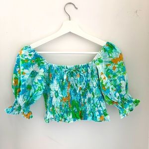 Faithfull the Brand linen blue floral puff sleeve top / small 4